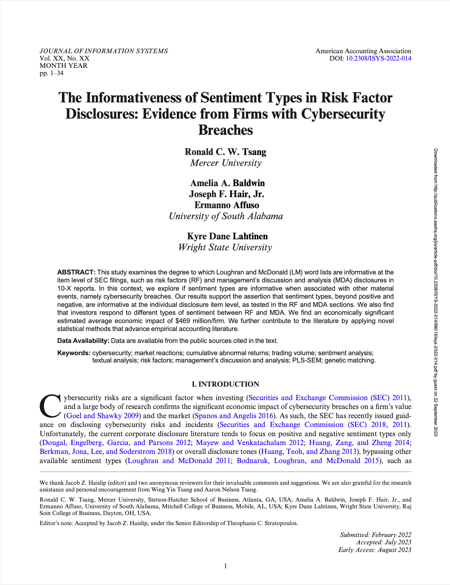 The Informativeness of Sentiment Types in Risk Factor Disclosures: Evidence from Firms with Cybersecurity Breaches