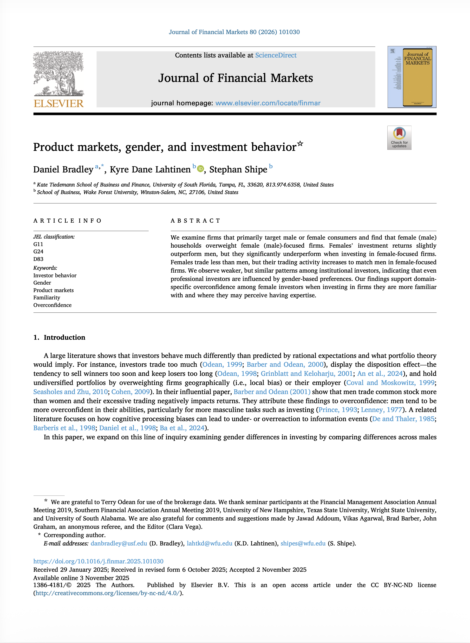 Product Markets, Gender, and Investment Behavior